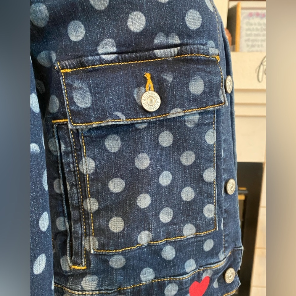 LulaRoe Kenny Denim Jacket Polka Dot, Hearts, Dark/Light Blue, Size Extra Small - Picture 3 of 13
